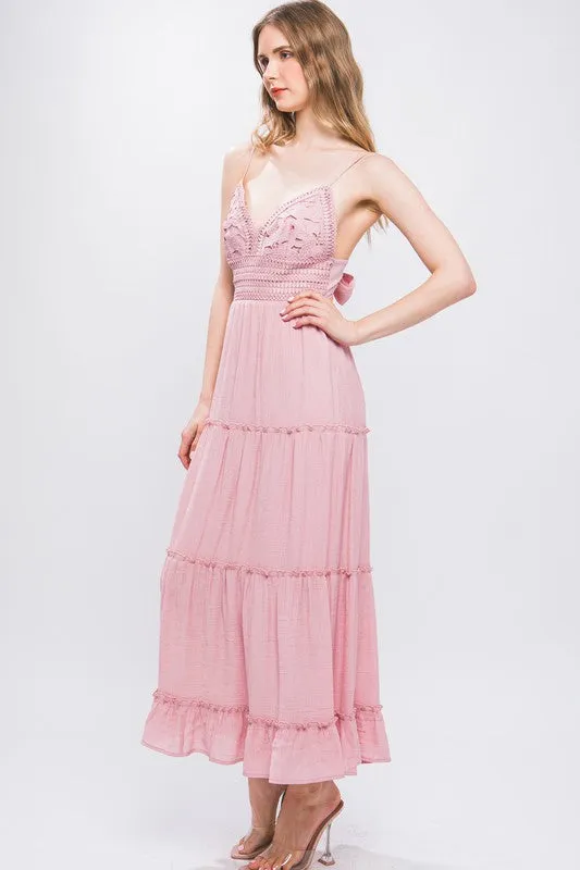 Pink Stone Crochet Layered Panels Long Dress