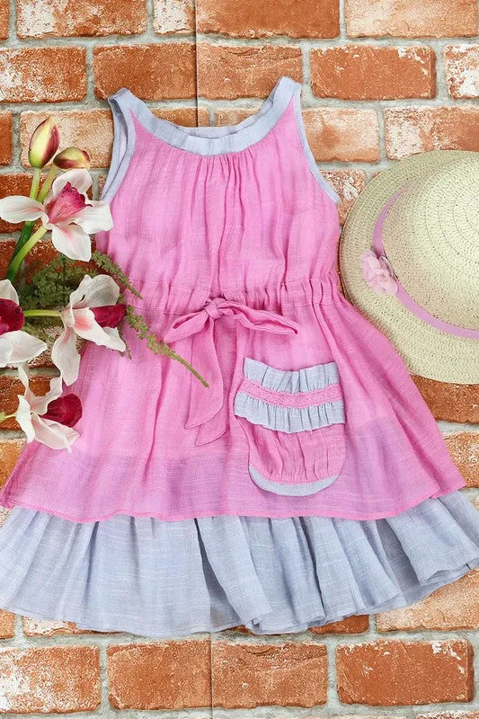 Pink Toddlers-Girls Soft Cotton Color Block Boho Dress