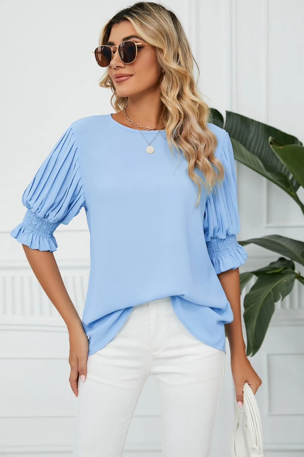 Pleated Flounce Sleeve Keyhole Blouse