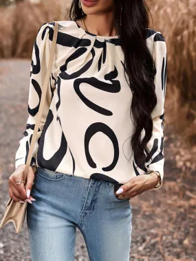 Pleated Printed Long Sleeves Loose Round-neck Blouses&shirts Tops