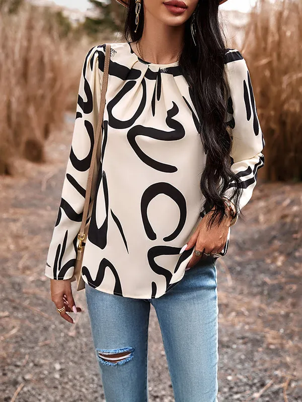 Pleated Printed Long Sleeves Loose Round-neck Blouses&shirts Tops