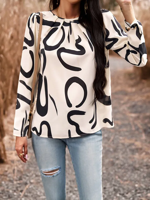 Pleated Printed Long Sleeves Loose Round-neck Blouses&shirts Tops