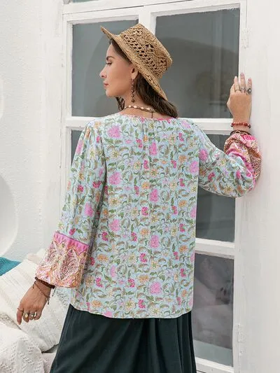 Plus Size Tie Neck Tassel Printed Blouse