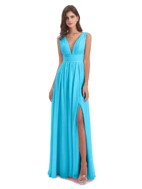 Pool Blue Bridesmaid Dresses Charming Chiffon V Neck Split Long Bridesmaid Dresses