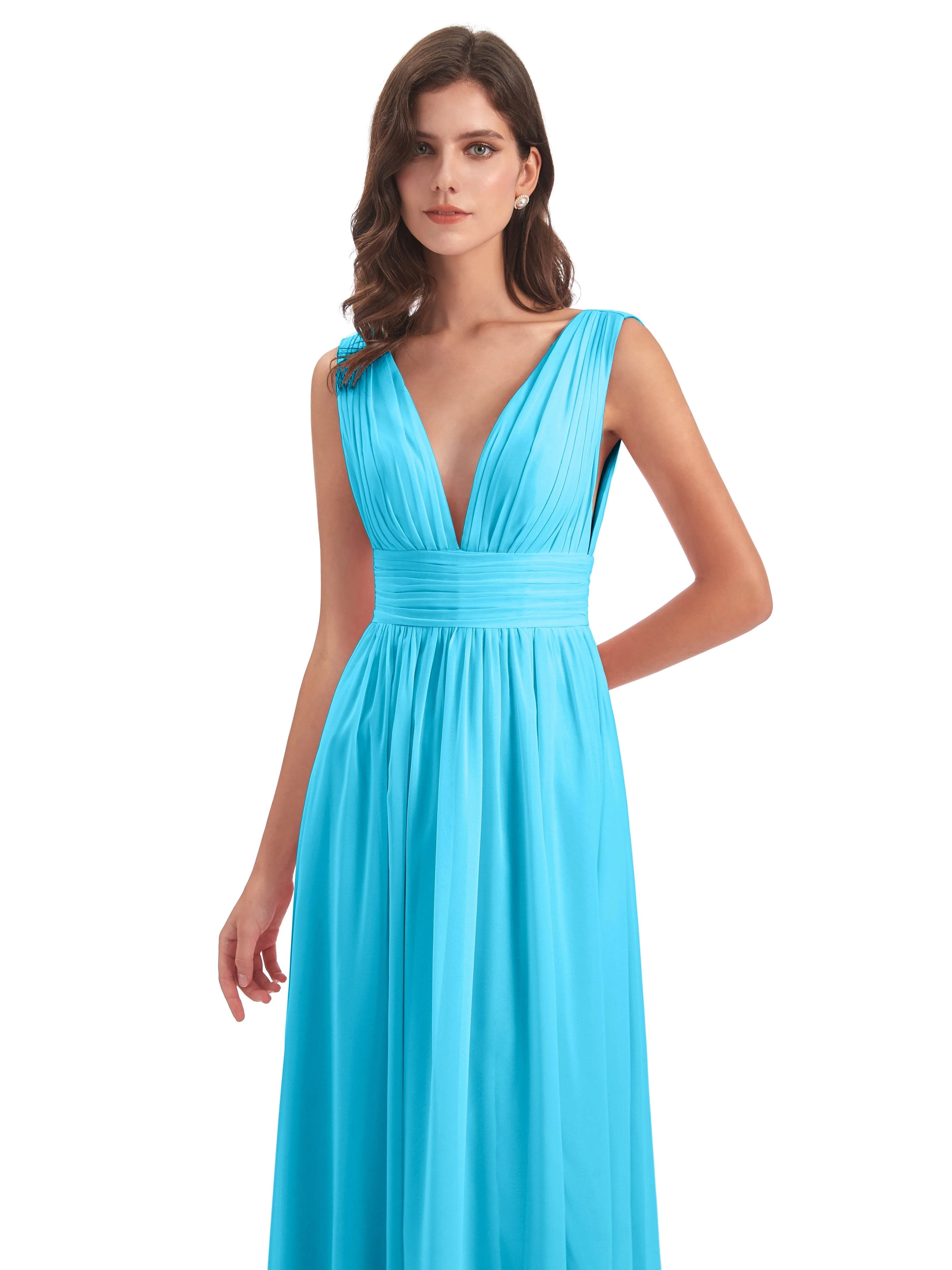 Pool Blue Bridesmaid Dresses Charming Chiffon V Neck Split Long Bridesmaid Dresses