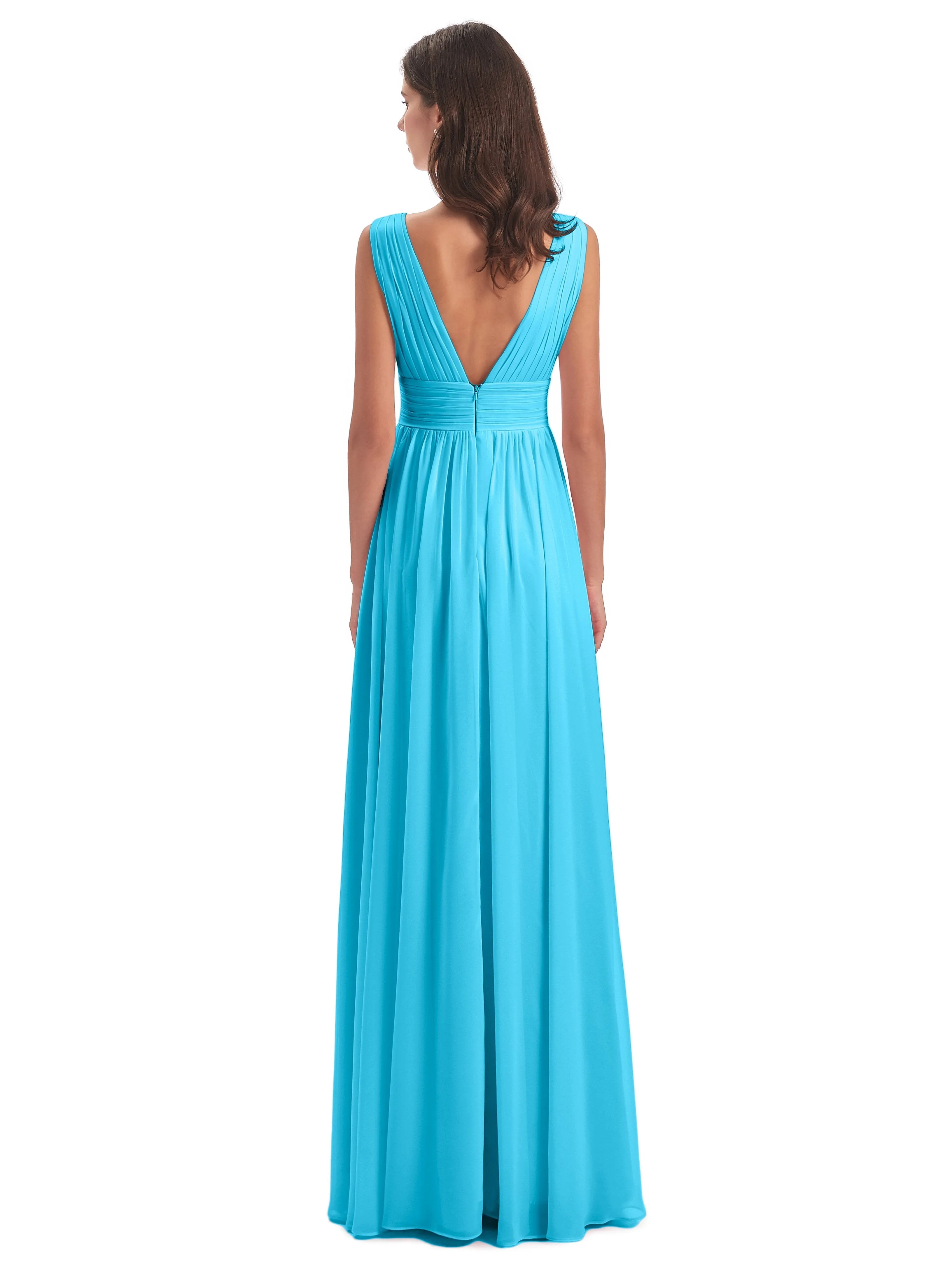 Pool Blue Bridesmaid Dresses Charming Chiffon V Neck Split Long Bridesmaid Dresses