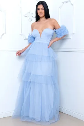 Powder Blue Mesh Ruffle Off The Sleeve Maxi Dress