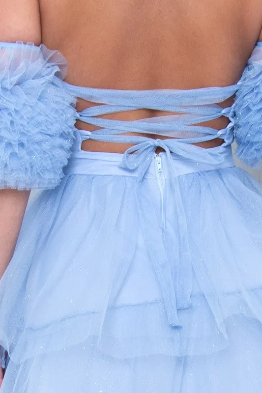 Powder Blue Mesh Ruffle Off The Sleeve Maxi Dress