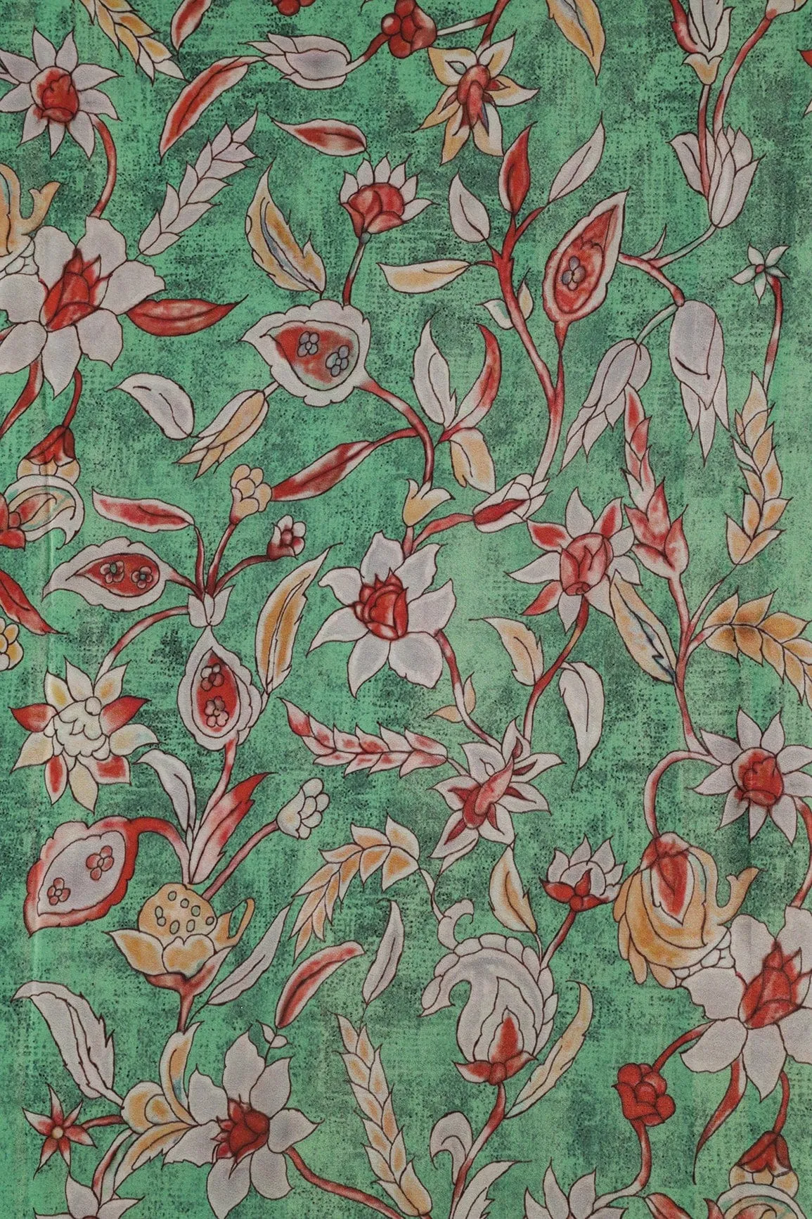 Red And Light Grey Floral Pattern Digital Print On Light Green Crepe Fabric