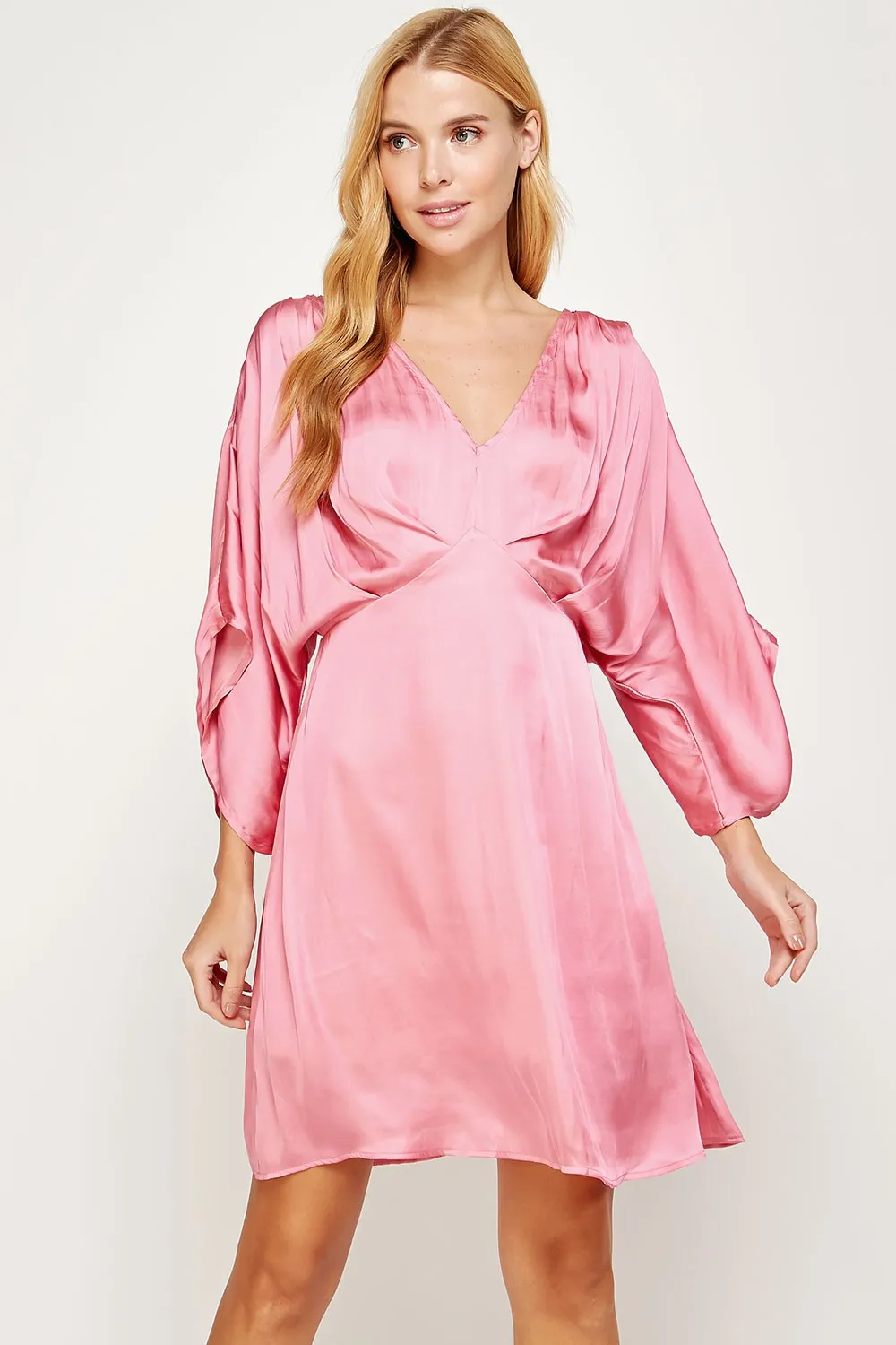 Rose Front Pleated Satin Mini Dress