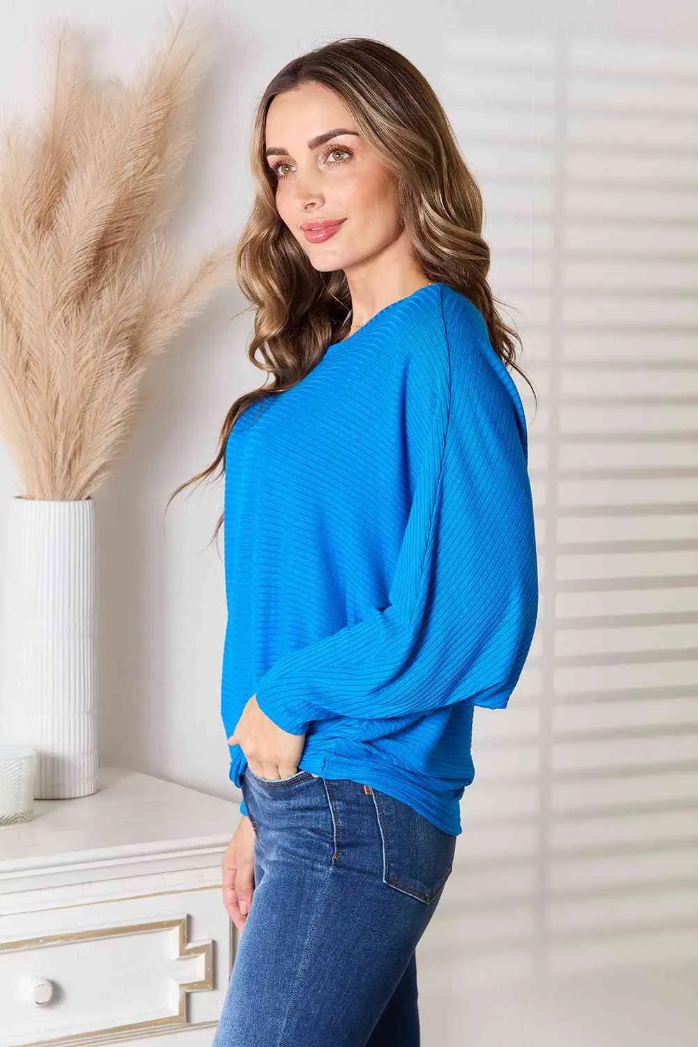 Round Neck Batwing Sleeve Blouse in Cobalt Blue