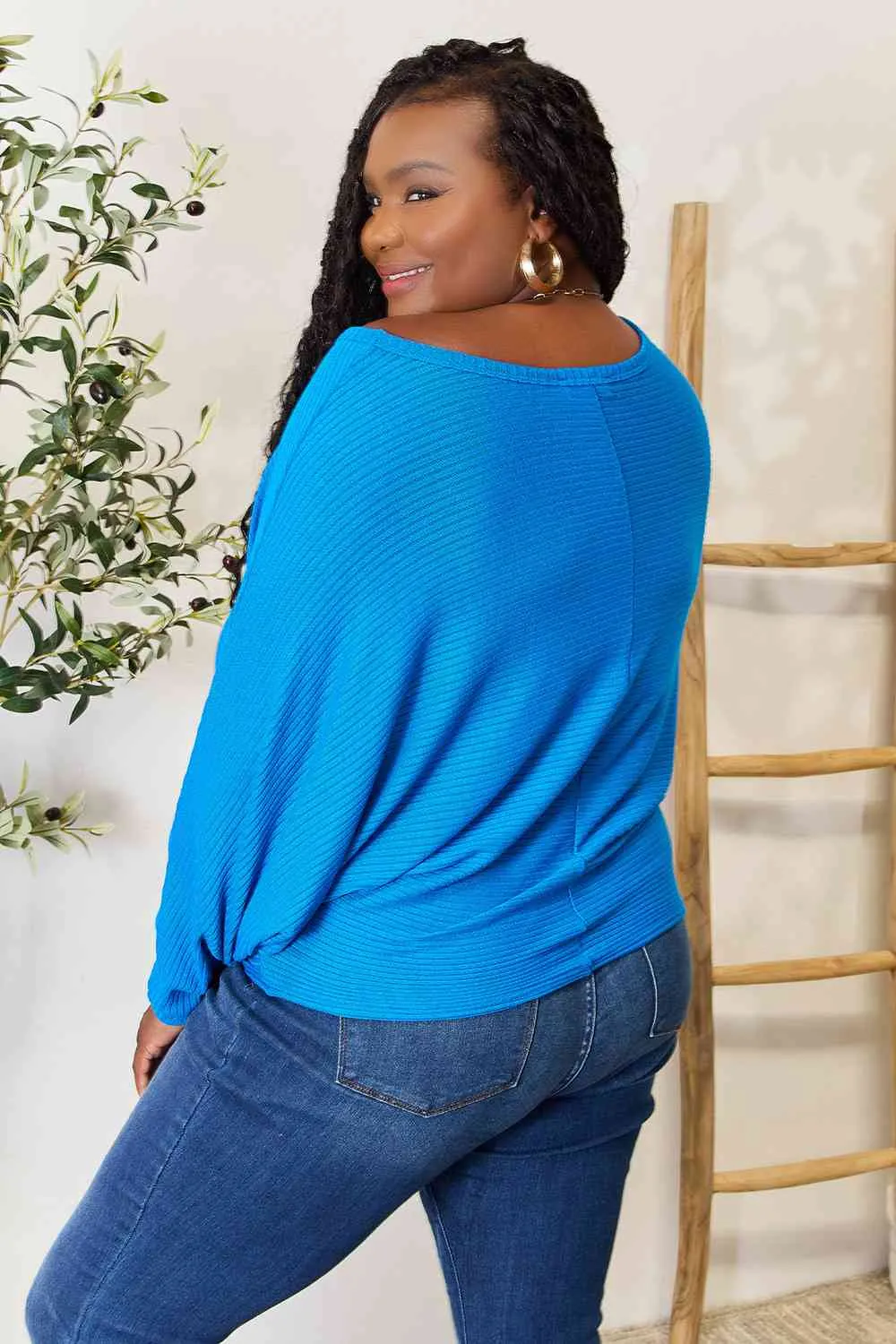 Round Neck Batwing Sleeve Blouse in Cobalt Blue