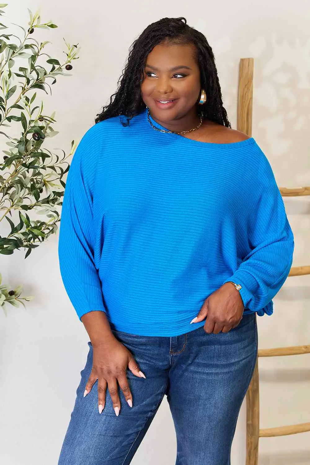 Round Neck Batwing Sleeve Blouse in Cobalt Blue