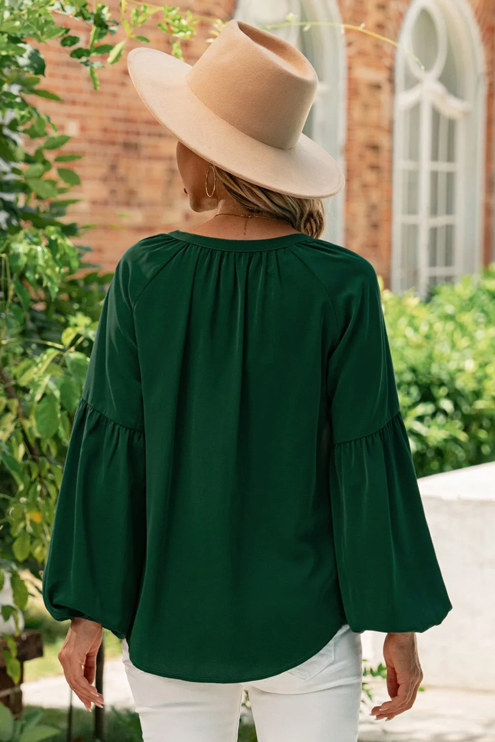 Ruched Notched Balloon Sleeve Blouse