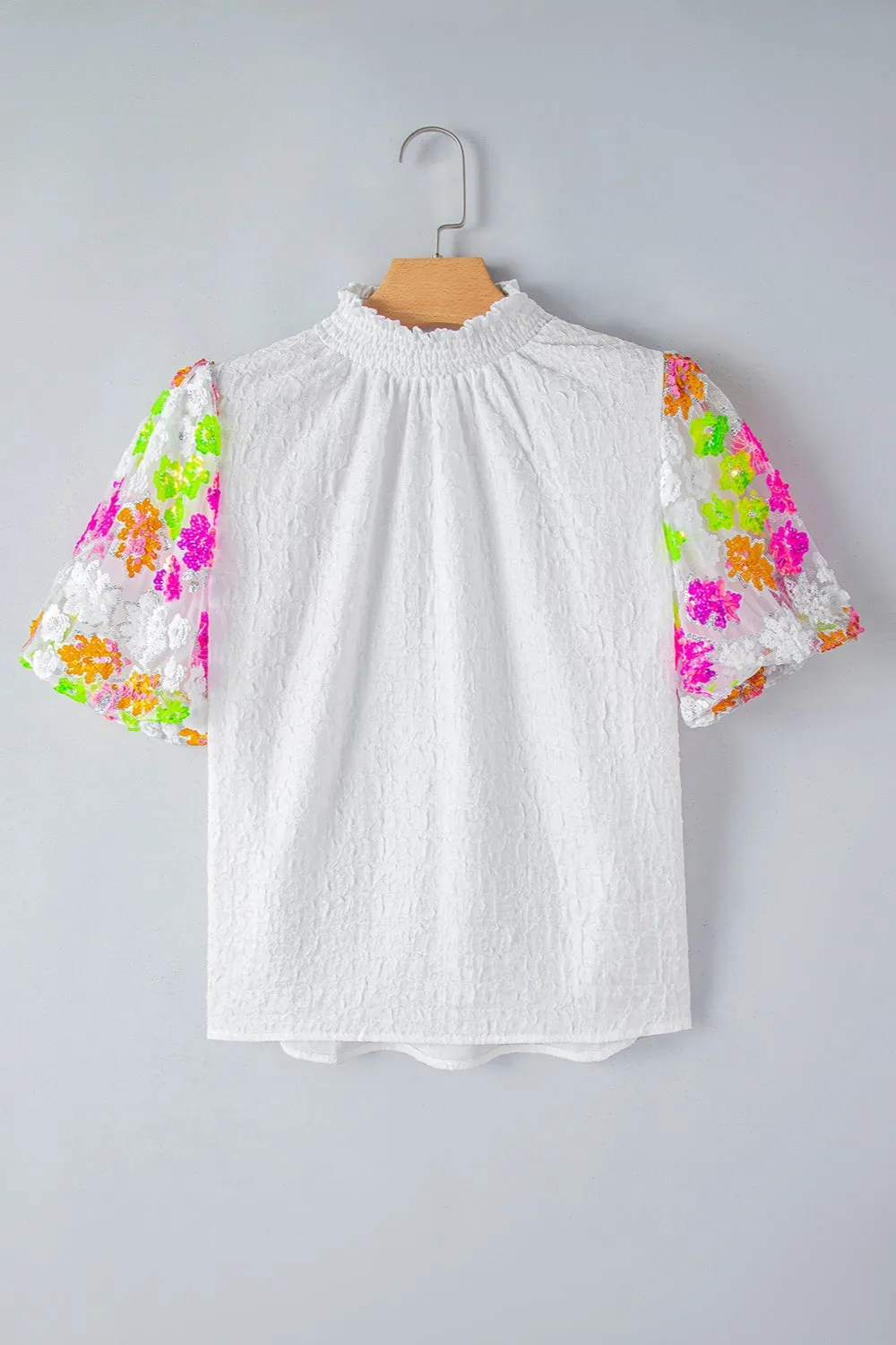 Sequin Flower Mock Neck Half Sleeve Blouse