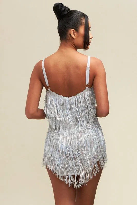 Silver Multi Sequin Fringe Mini Dress