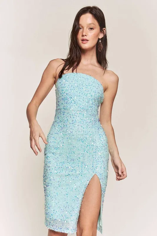 Sky Blue Sequin Tube Slit Midi Dress