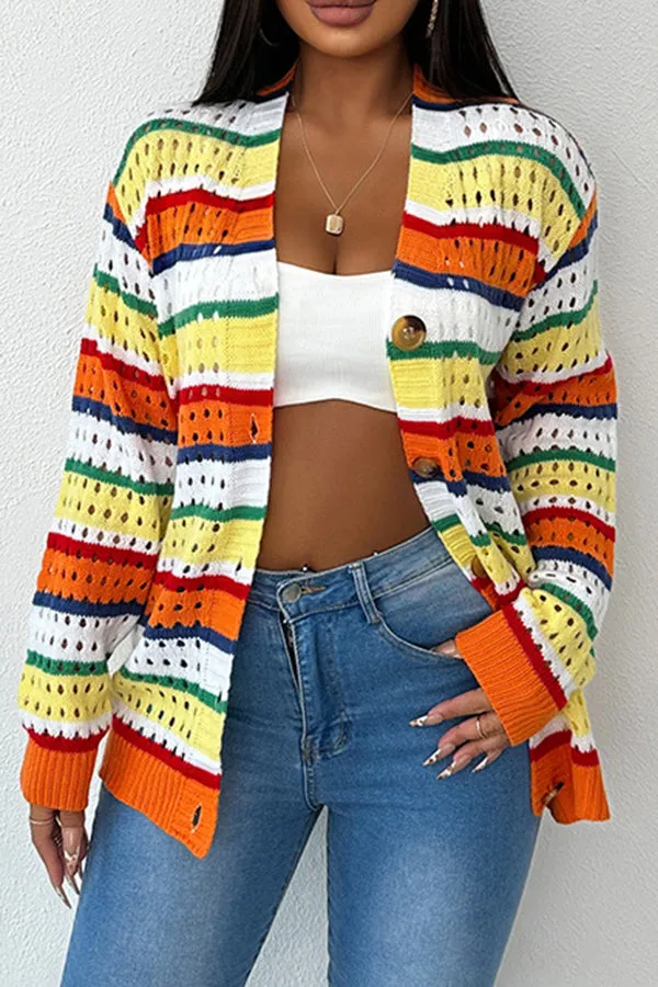 Stylish Color-blocked Striped Knitted Cardigan