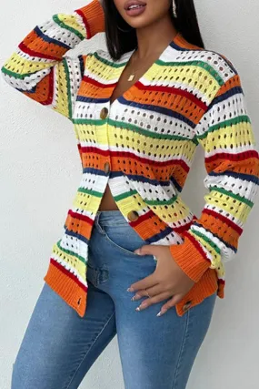 Stylish Color-blocked Striped Knitted Cardigan