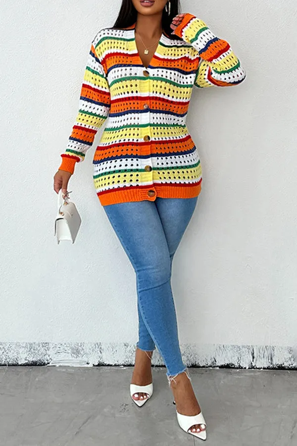 Stylish Color-blocked Striped Knitted Cardigan