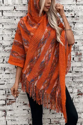 Stylish Colorful Striped Tassel Hem Knitted Hooded Shawl Cape