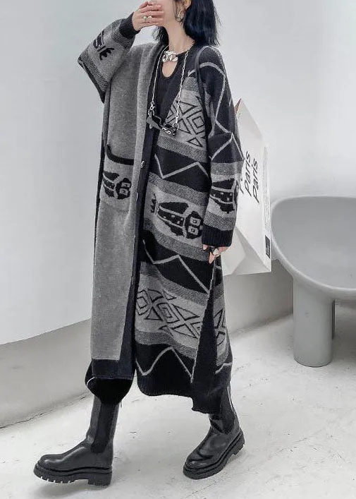 Stylish Grey V Neck Asymmetrical Design Print Knit Lazy Long Coats Long Sleeve