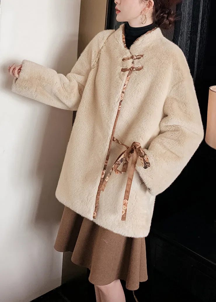 Stylish Light Chocolate Stand Collar Tie Waist Button Thick Mink Hair Coats Winter