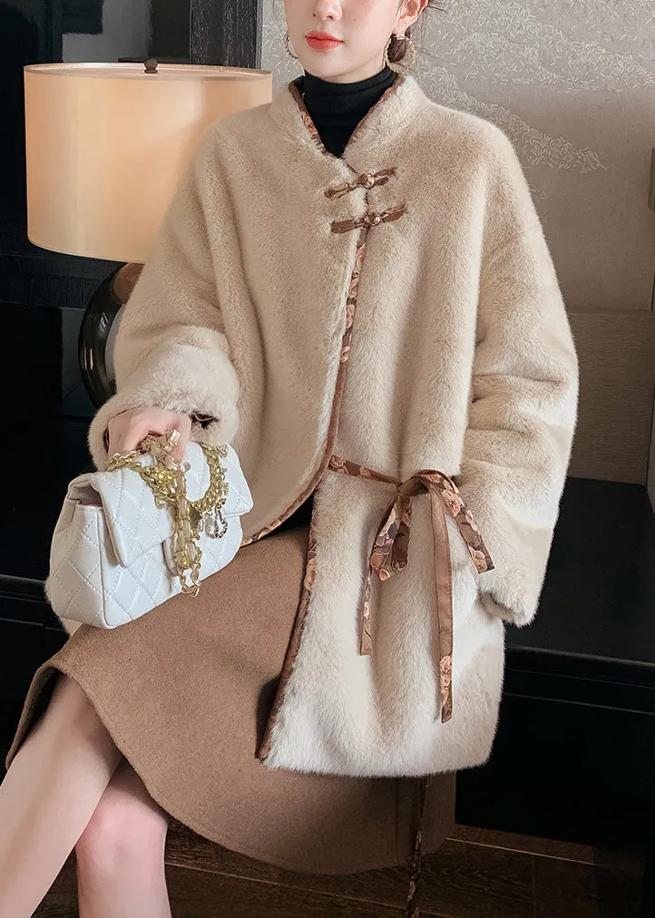 Stylish Light Chocolate Stand Collar Tie Waist Button Thick Mink Hair Coats Winter