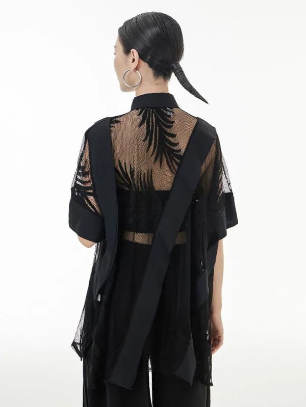 Stylish Loose Half Sleeves Buttoned Mesh Hollow See-Through Blouses&Shirts Tops