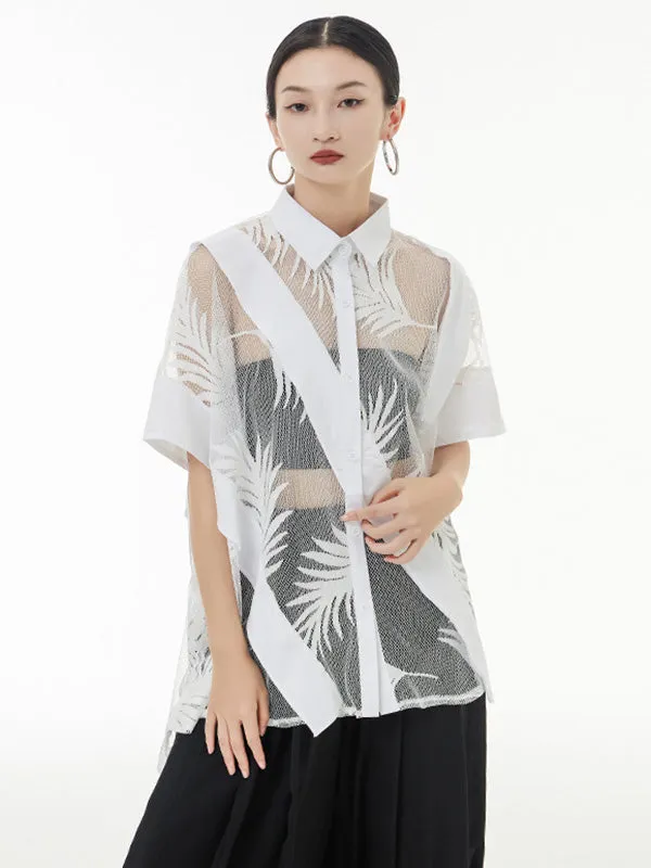 Stylish Loose Half Sleeves Buttoned Mesh Hollow See-Through Blouses&Shirts Tops