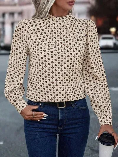 Stylish Mock Neck Long Sleeve Geo Print Blouse for Women