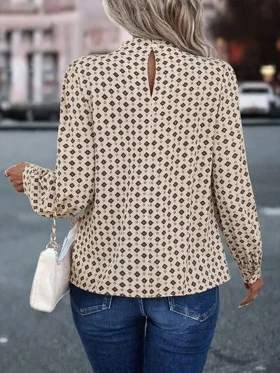 Stylish Mock Neck Long Sleeve Geo Print Blouse for Women