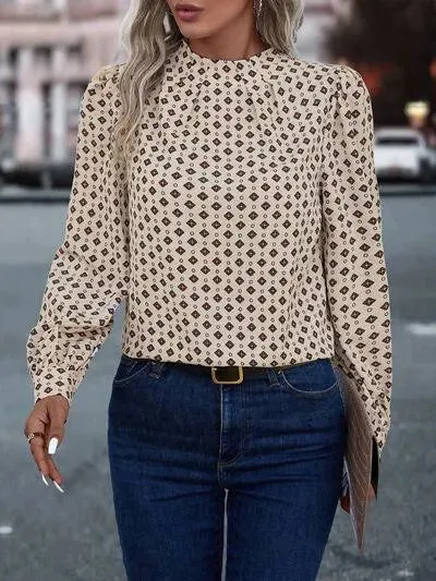 Stylish Mock Neck Long Sleeve Geo Print Blouse for Women