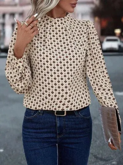 Stylish Mock Neck Long Sleeve Geo Print Blouse for Women