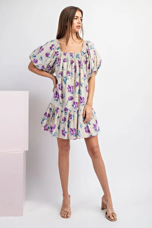 Taupe Floral Print Balloon Mini Dress