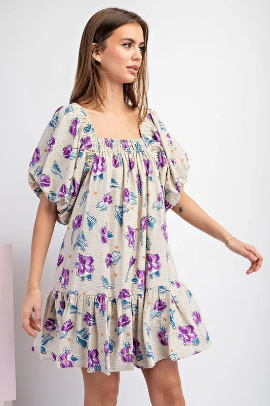 Taupe Floral Print Balloon Mini Dress