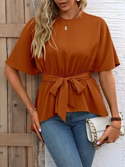 Tied Round Neck Half Sleeve Blouse