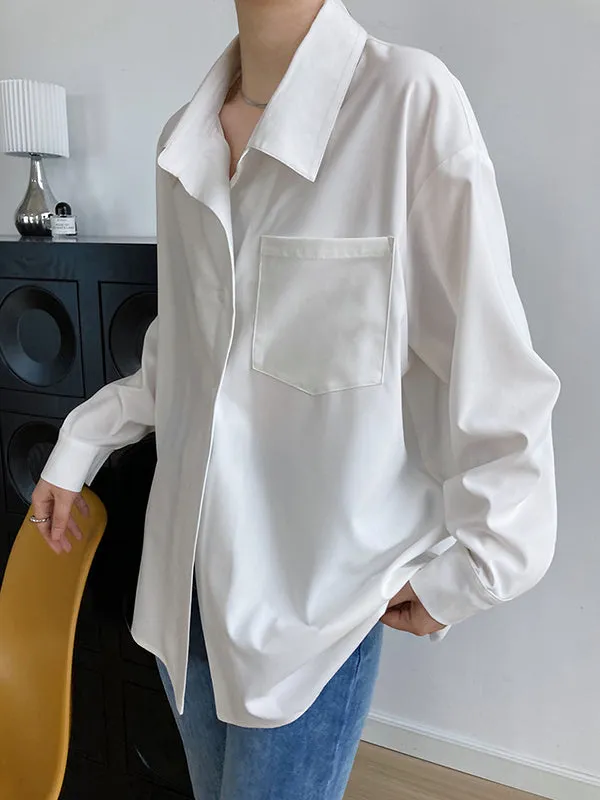 Trendy Loose Buttoned Back Design Solid Color Lapel Blouses