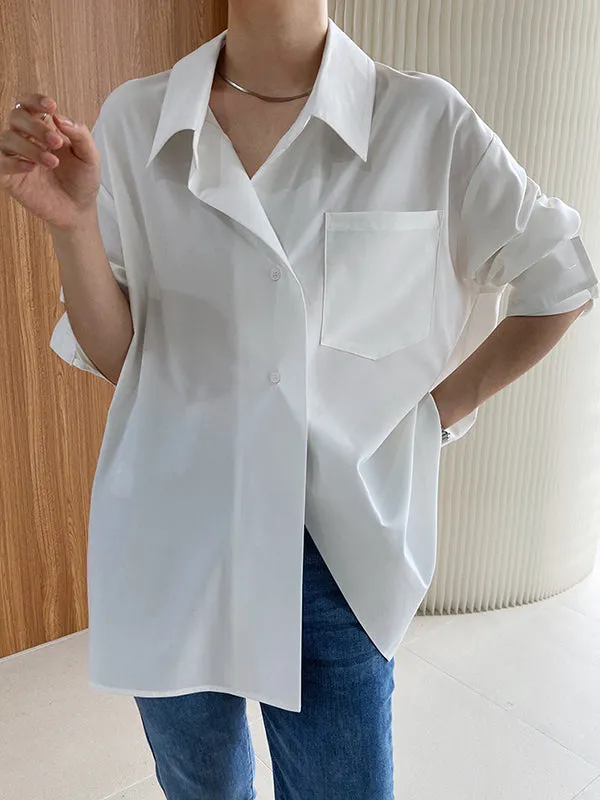 Trendy Loose Buttoned Back Design Solid Color Lapel Blouses