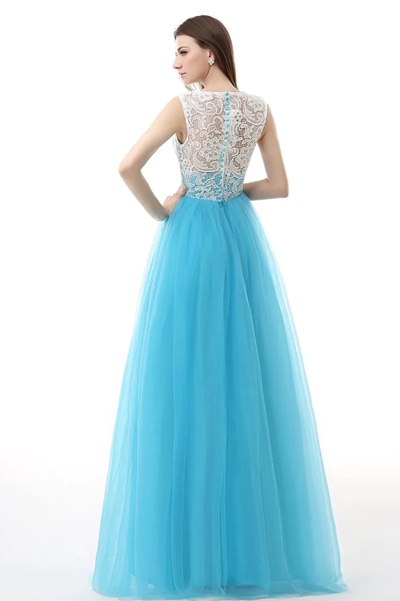 Tulle Lace Light Sky Blue Prom Dresses