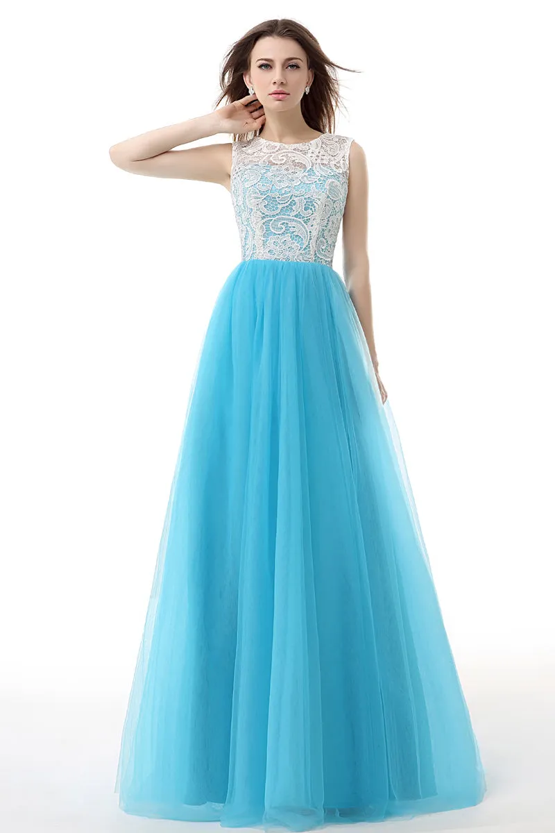 Tulle Lace Light Sky Blue Prom Dresses