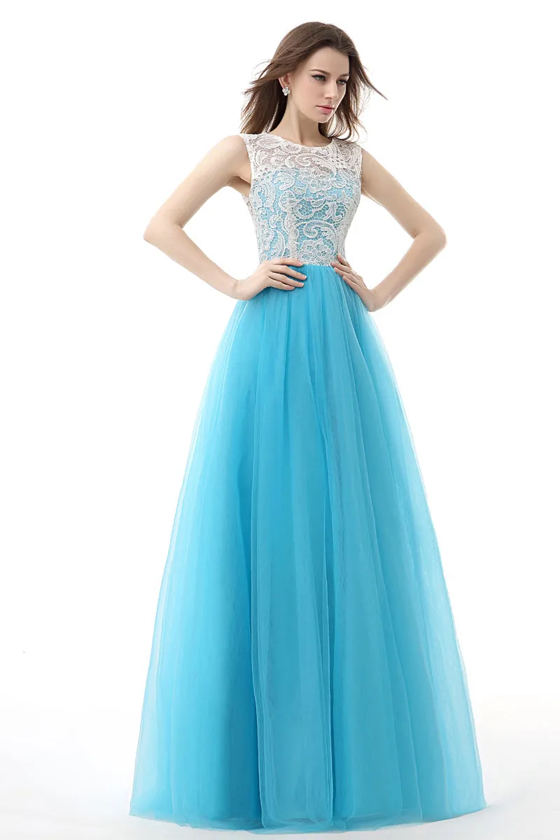 Tulle Lace Light Sky Blue Prom Dresses