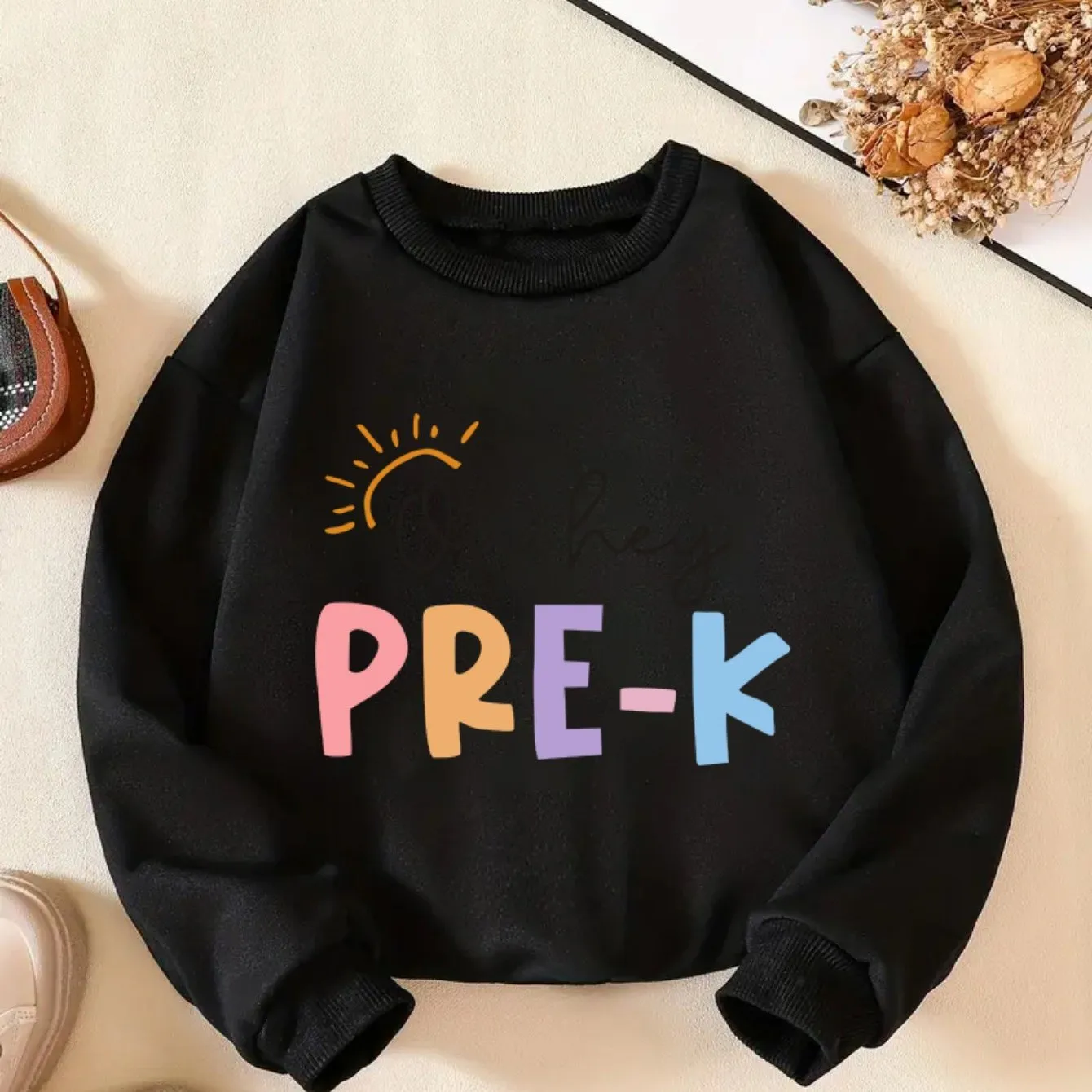 Vibrant PRE-K Lettering Print Girl's Comfy Crew Neck Long Sleeve Sweatshirt - Soft, Breathable, and Cozy for Daily Wear and Outdoor Activities - Perfect for School, Casual Events, and Gift Giving