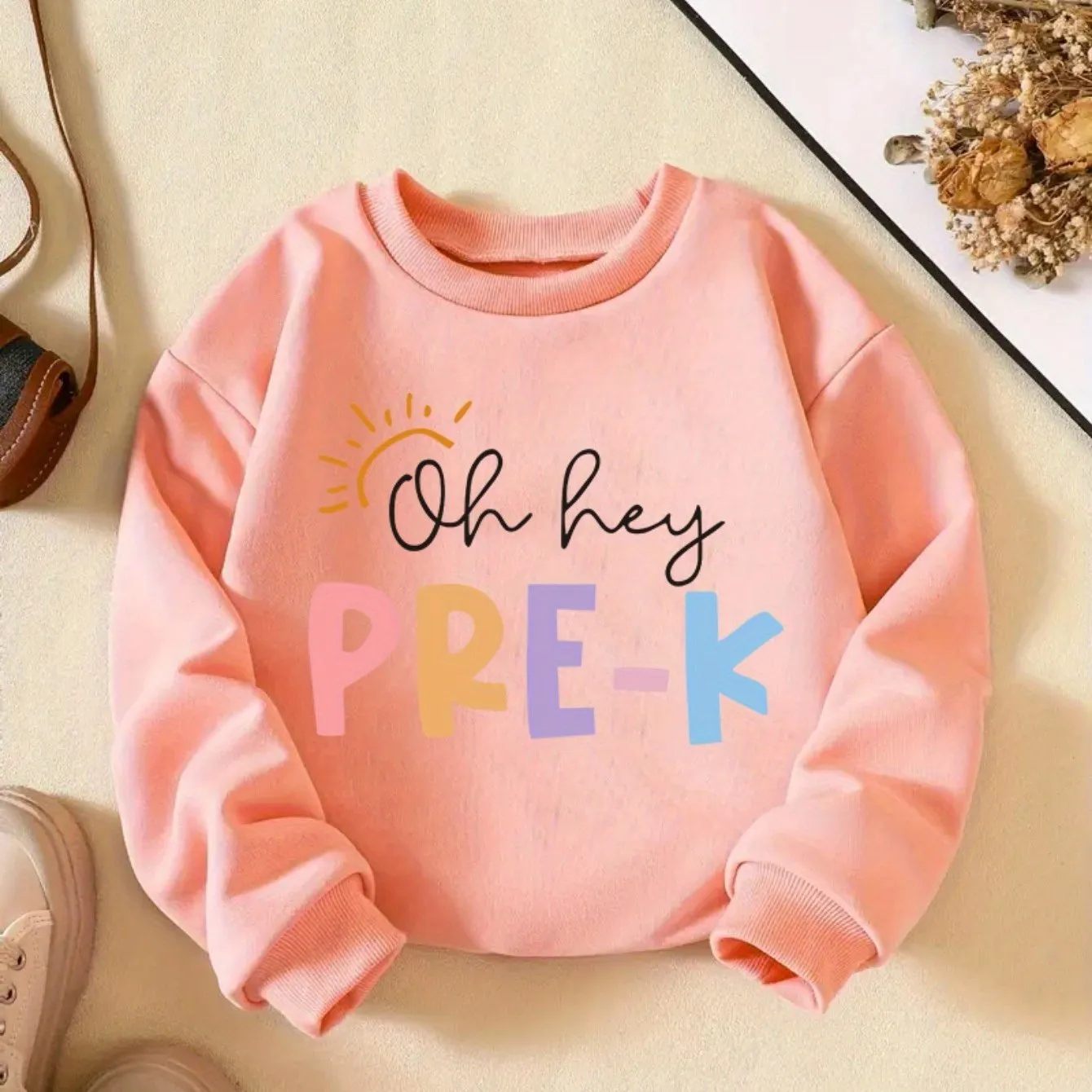 Vibrant PRE-K Lettering Print Girl's Comfy Crew Neck Long Sleeve Sweatshirt - Soft, Breathable, and Cozy for Daily Wear and Outdoor Activities - Perfect for School, Casual Events, and Gift Giving