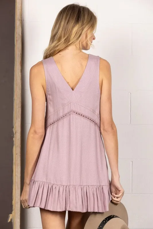 Violet Sleeveless V Neck Mini Dress With Lace Detail