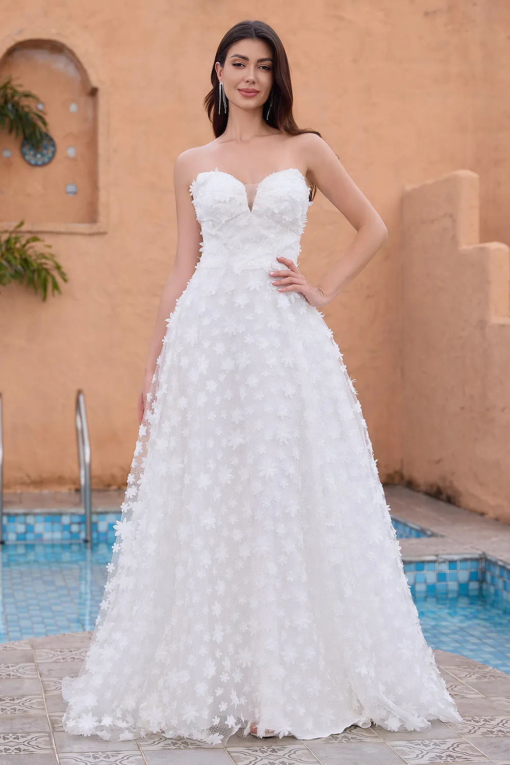 White A Line Sweetheart Appliques Long Wedding Dress with Detachable Sleeves