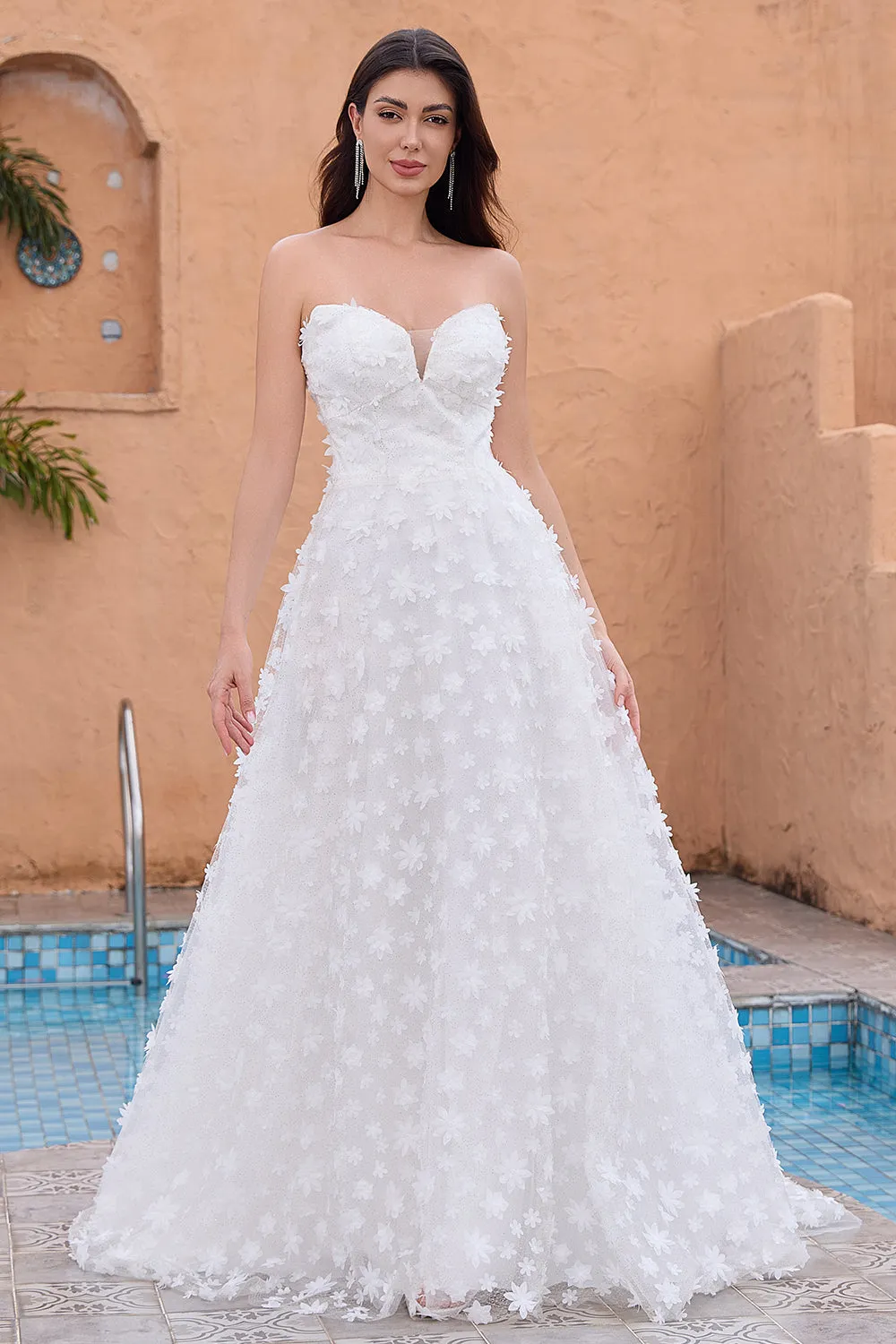 White A Line Sweetheart Appliques Long Wedding Dress with Detachable Sleeves