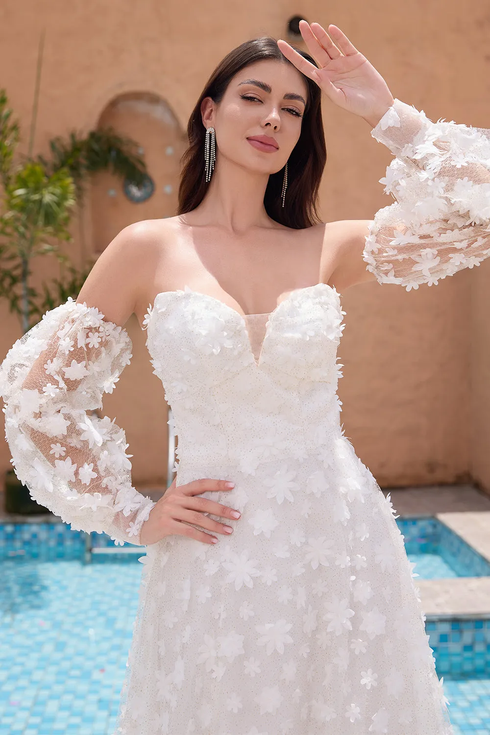 White A Line Sweetheart Appliques Long Wedding Dress with Detachable Sleeves