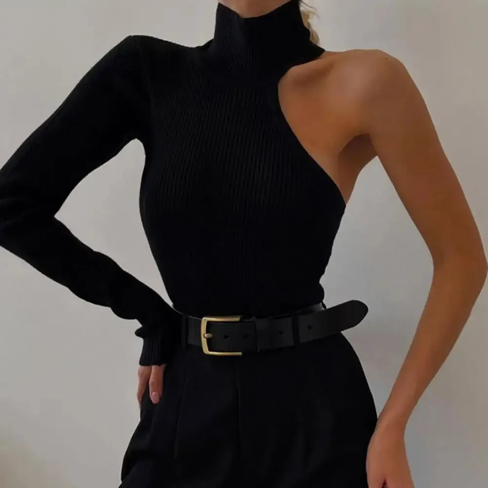 Women One Shoulder Knitted Turtleneck Stylish Skinny Lady Blouse