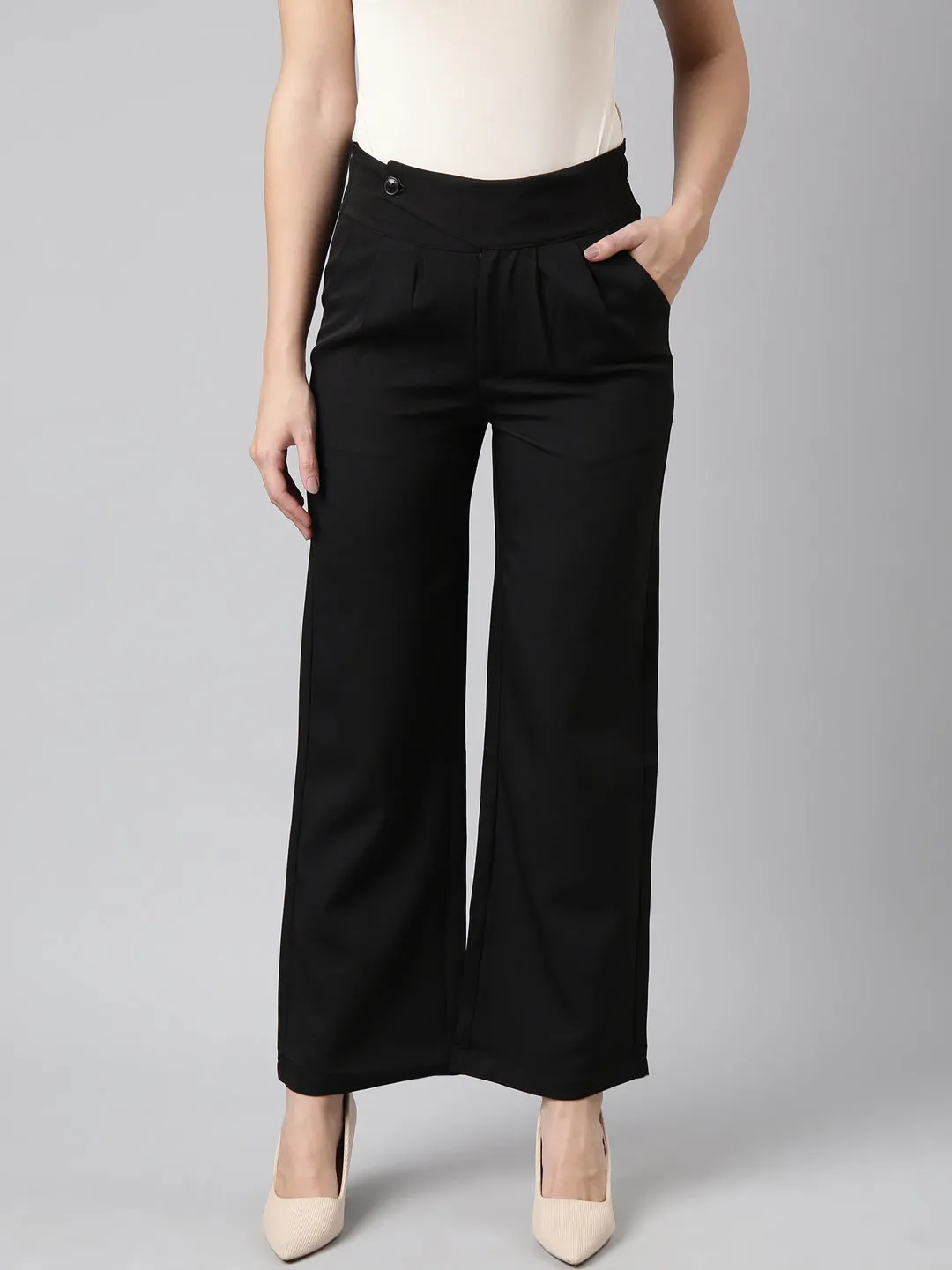 Women Solid Black Parallel Trousers